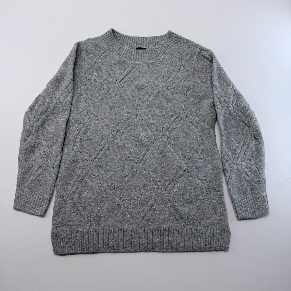 Talbots Grey Metallic Diamond Cable Knit Crew Neck Sweater Large